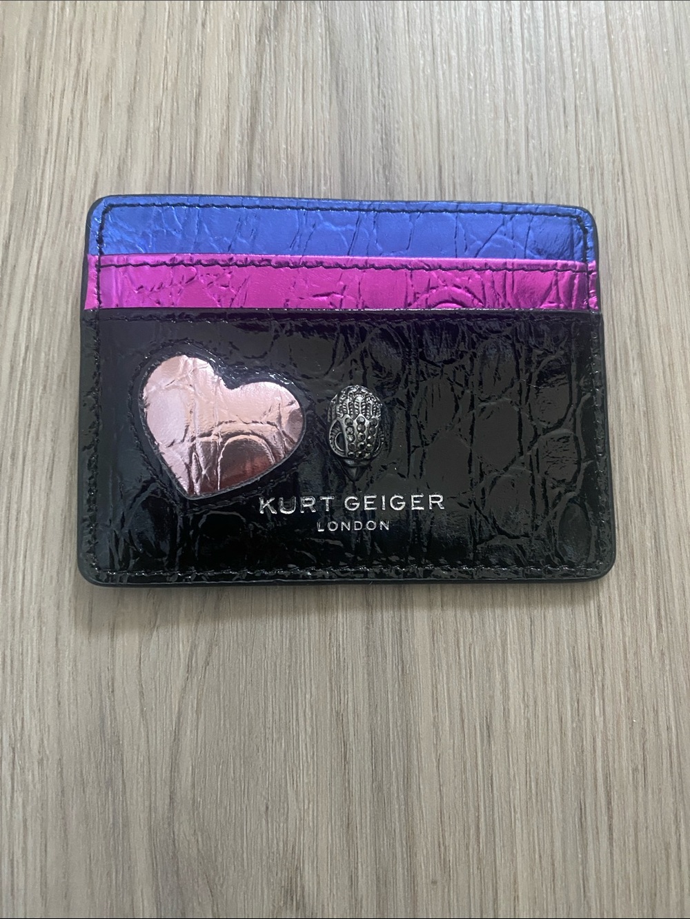 Kurt Geiger Black Patent Card Holder with Pink Heart and Metallic Trim